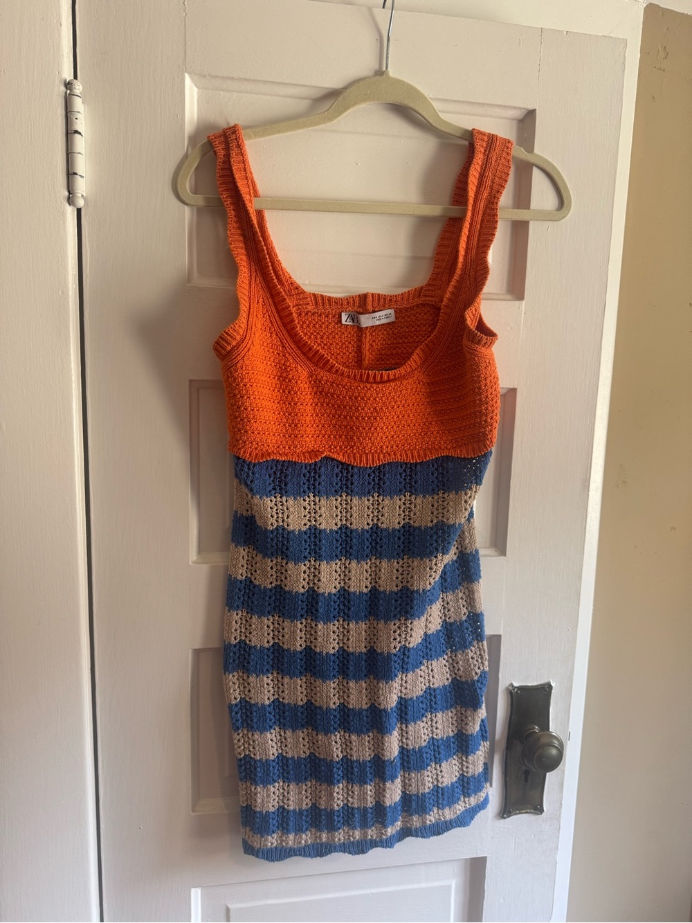 Zara Orange Knit Tank Dress with Blue & Cream Stripes
